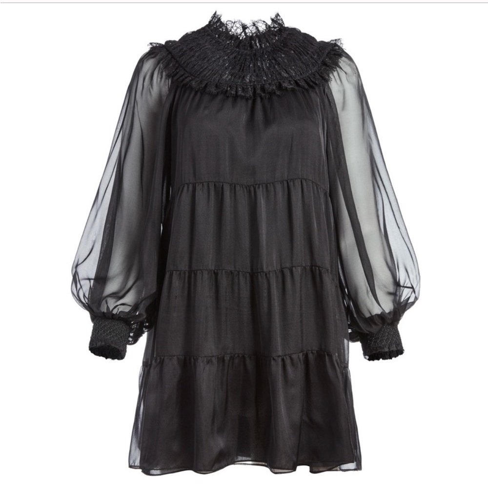 Alice and Olivia Kellyann Lace Mock Neck Tiered Babydoll Dress